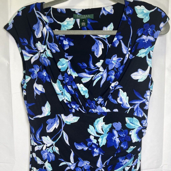 Lauren Ralph Lauren V-Neck Faux Wrap Blue Floral Print Jersey Dress Sz 10 - Picture 2 of 14